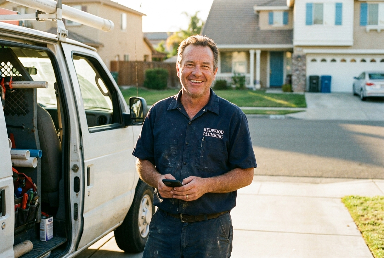 A plumber standing by his work van in a driveway, phone in hand