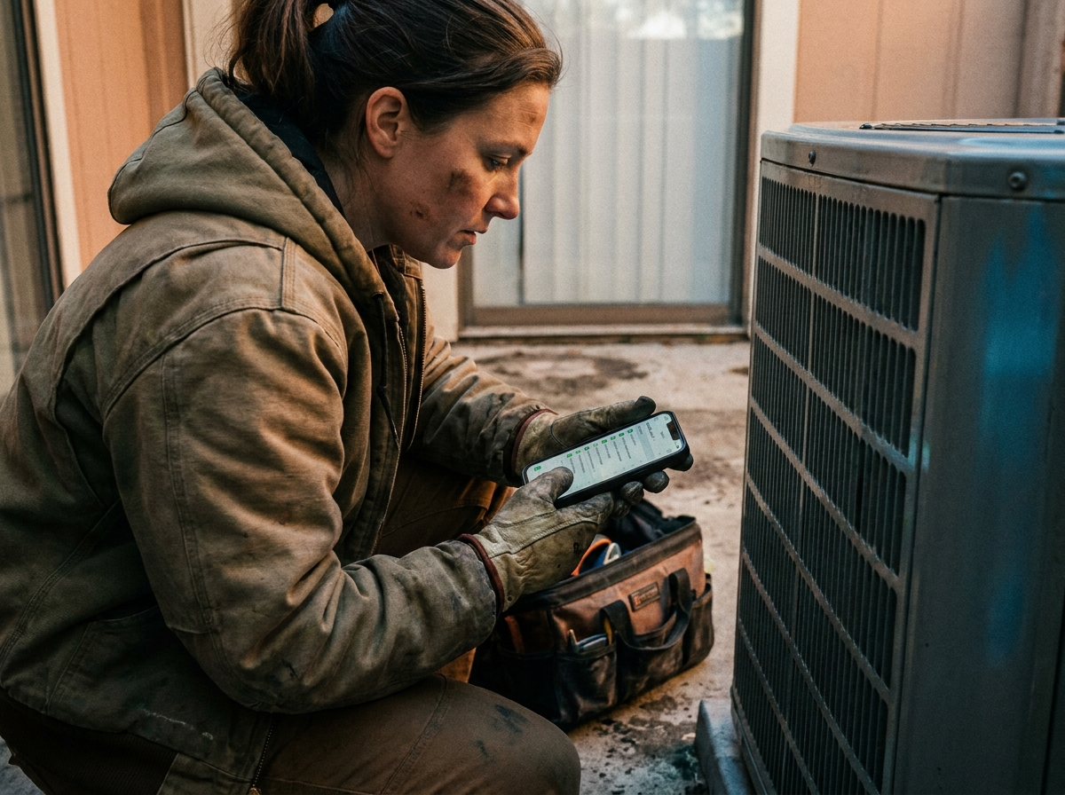 An HVAC technician checking a job checklist on her phone beside an AC unit